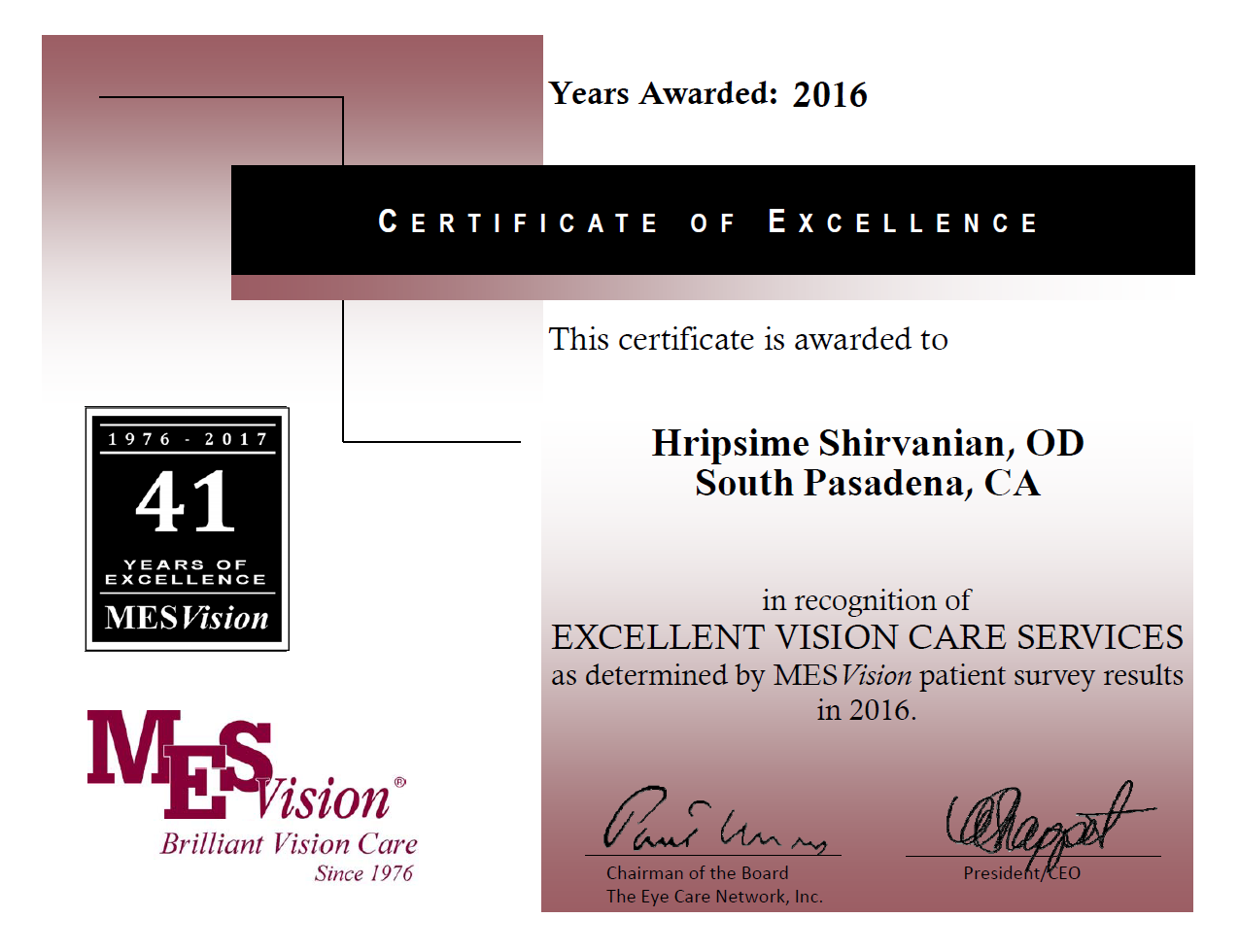 MES Vision Certificate of Excellence Awarded to Oculus Optometry